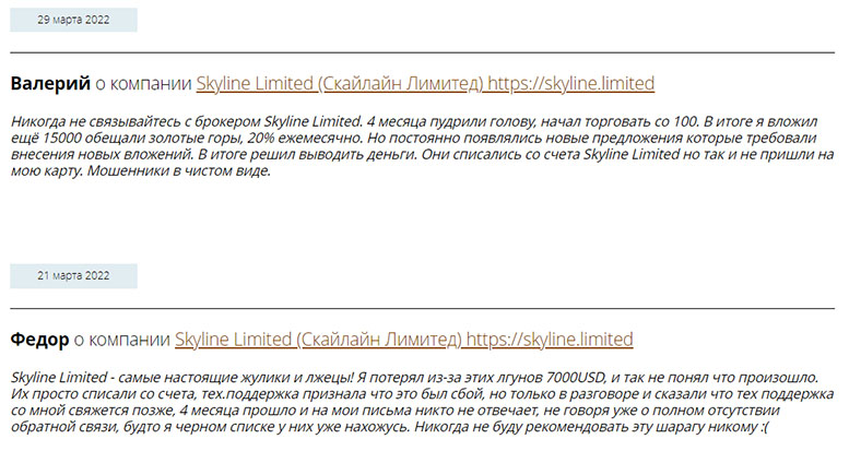 Обзор мошеннического портала Skyline, и отзывы о нем бывших клиентов.