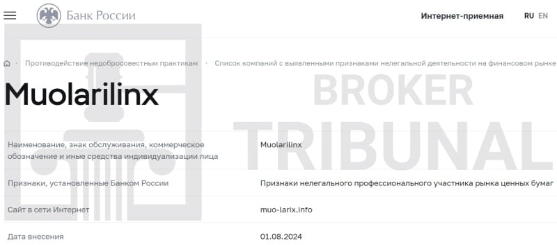 Muolarilinx — фальшивый брокер, который ворует депозиты клиентов